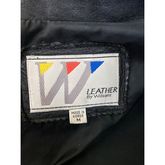Vintage Wilsons Leather Jacket 80s 90s Black Moto Biker Coat Belted Medium - Picture 4 of 16